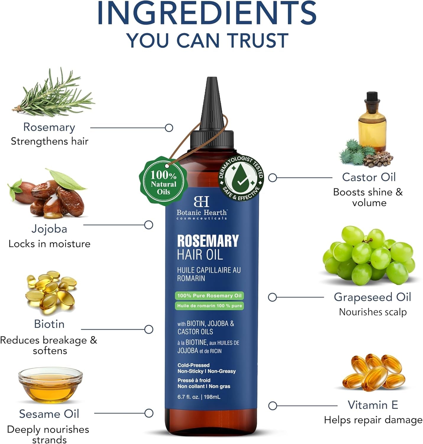 Rosemary Oil for Hair Growth – 100% Pure (6.7 fl oz) | Infused with Biotin, Jojoba & Castor Oil | Strengthening, Nourishing & Volumizing Treatment | Non-GMO Verified