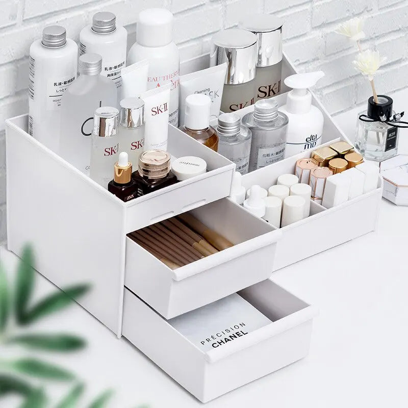 White Makeup Storage Drawer Organizer – Plastic Desktop Shelf for Cosmetics & Skincare, Dormitory Dressing Table Box