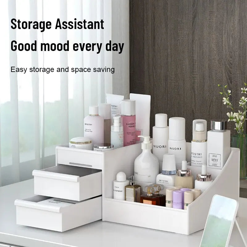 White Makeup Storage Drawer Organizer – Plastic Desktop Shelf for Cosmetics & Skincare, Dormitory Dressing Table Box