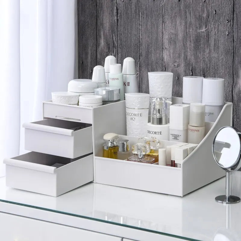 White Makeup Storage Drawer Organizer – Plastic Desktop Shelf for Cosmetics & Skincare, Dormitory Dressing Table Box
