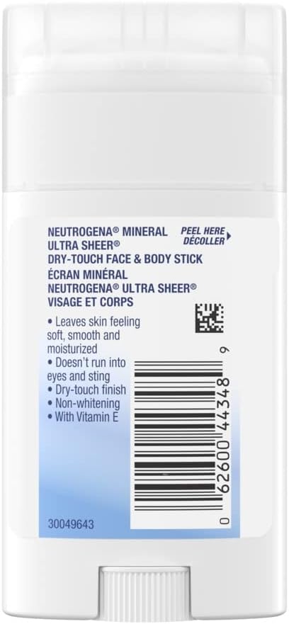 Mineral Ultra Sheer Dry-Touch SPF 50 Face & Body Stick – With Vitamin E & Zinc Oxide – Broad Spectrum Sun Protection – 42g, White