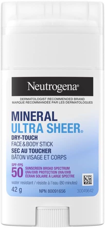 Mineral Ultra Sheer Dry-Touch SPF 50 Face & Body Stick – With Vitamin E & Zinc Oxide – Broad Spectrum Sun Protection – 42g, White