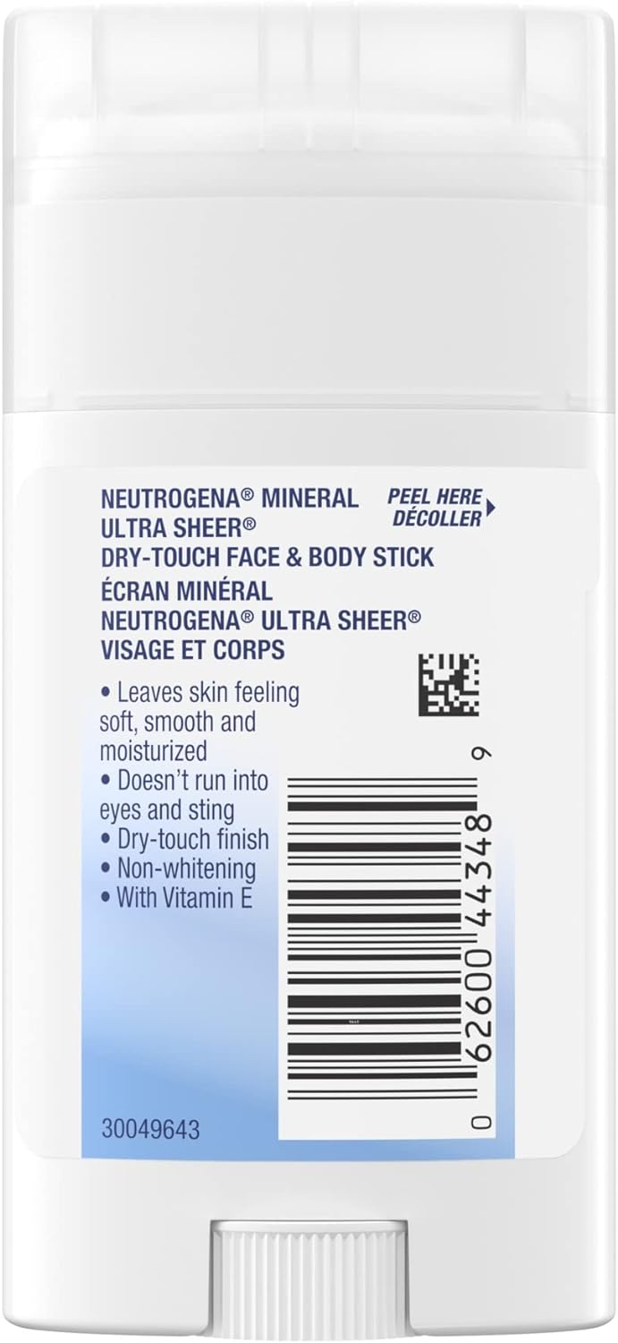 Mineral Ultra Sheer Dry-Touch SPF 50 Face & Body Stick – With Vitamin E & Zinc Oxide – Broad Spectrum Sun Protection – 42g, White