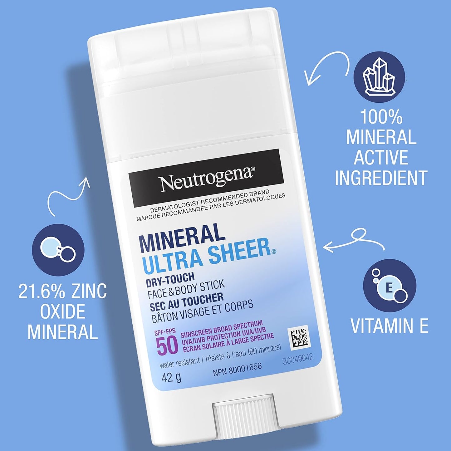 Mineral Ultra Sheer Dry-Touch SPF 50 Face & Body Stick – With Vitamin E & Zinc Oxide – Broad Spectrum Sun Protection – 42g, White