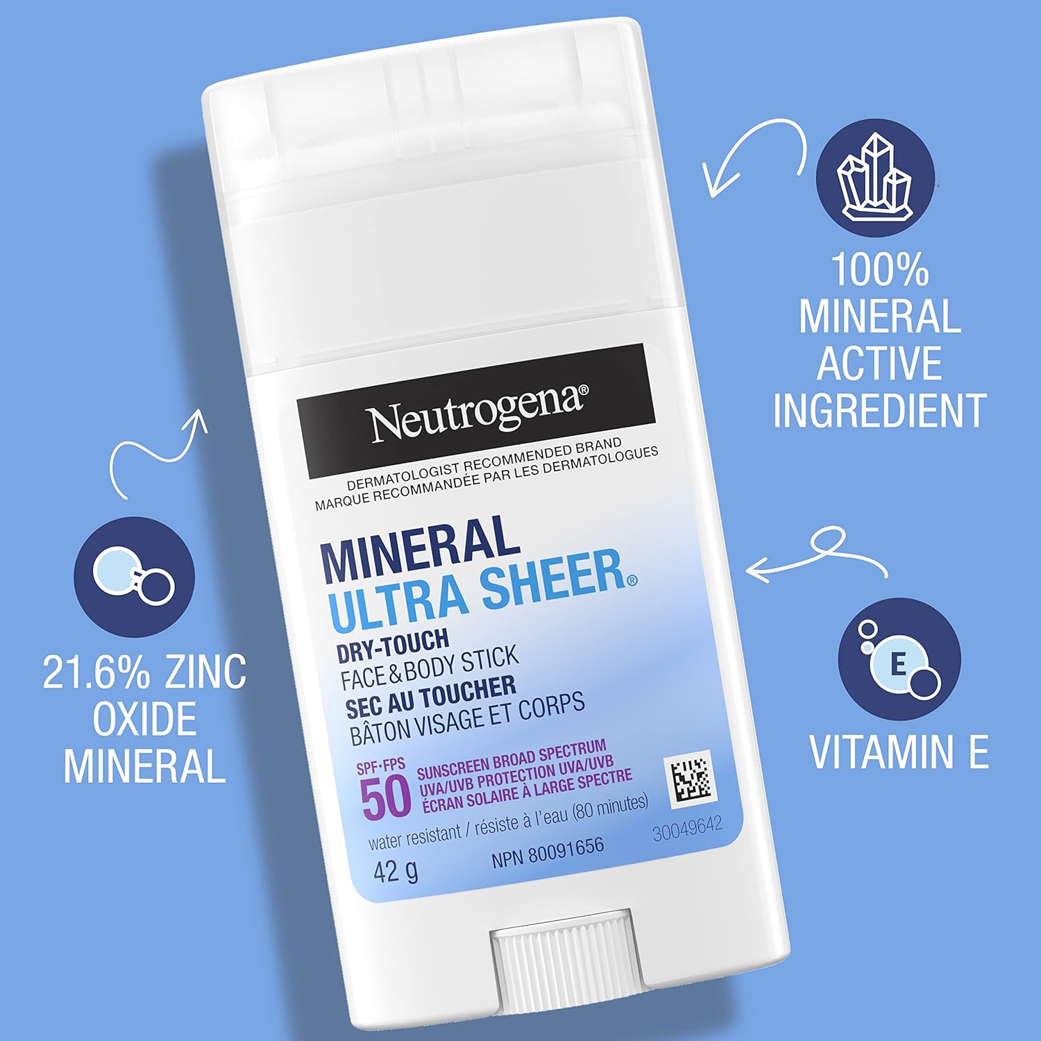 Mineral Ultra Sheer Dry-Touch SPF 50 Face & Body Stick – With Vitamin E & Zinc Oxide – Broad Spectrum Sun Protection – 42g, White