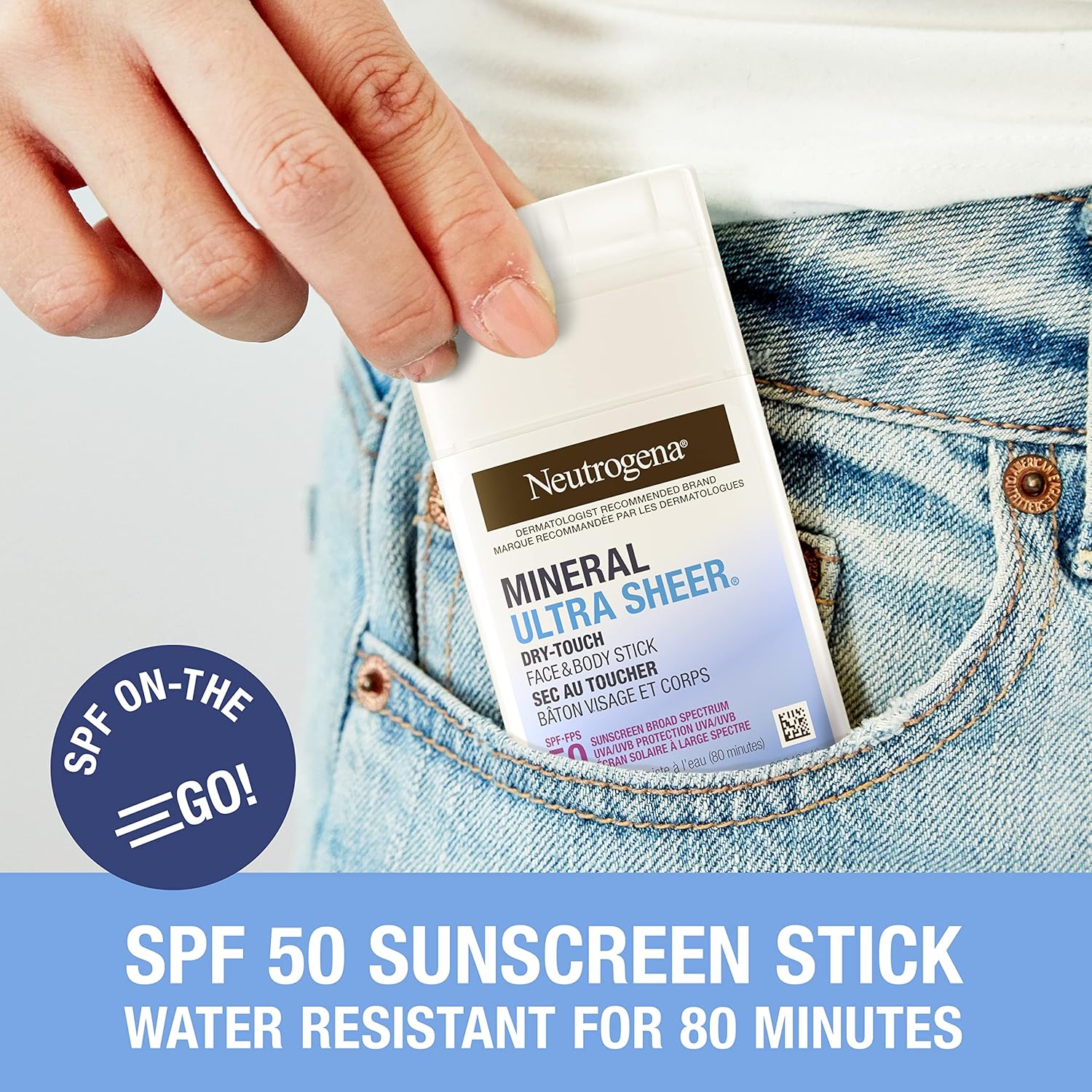 Mineral Ultra Sheer Dry-Touch SPF 50 Face & Body Stick – With Vitamin E & Zinc Oxide – Broad Spectrum Sun Protection – 42g, White
