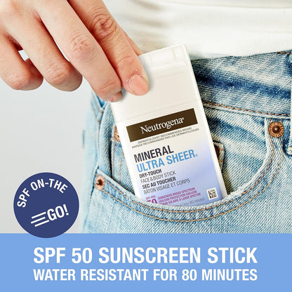 Mineral Ultra Sheer Dry-Touch SPF 50 Face & Body Stick – With Vitamin E & Zinc Oxide – Broad Spectrum Sun Protection – 42g, White