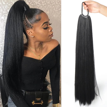 Synthetic Long Straight Ponytail Extension – Wrap Around Black Hairpiece with Elastic Band – Natural-Looking Fake Ponytail for Women
