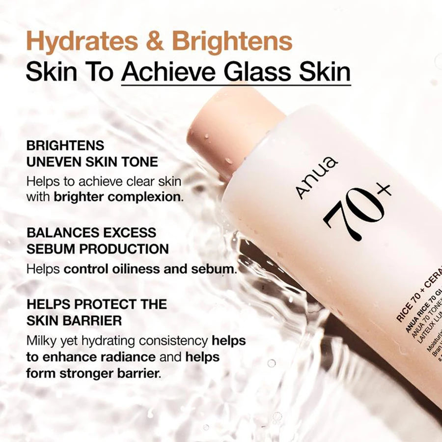 ANUA 70+ Rice Toner (250ml) – Korean Moisturizing Facial Essence for Oily & Sensitive Skin, Pore Tightening & Hydrating Care