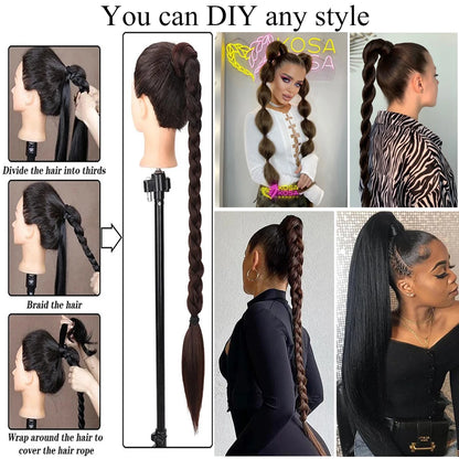 Synthetic Long Straight Ponytail Extension – Wrap Around Black Hairpiece with Elastic Band – Natural-Looking Fake Ponytail for Women