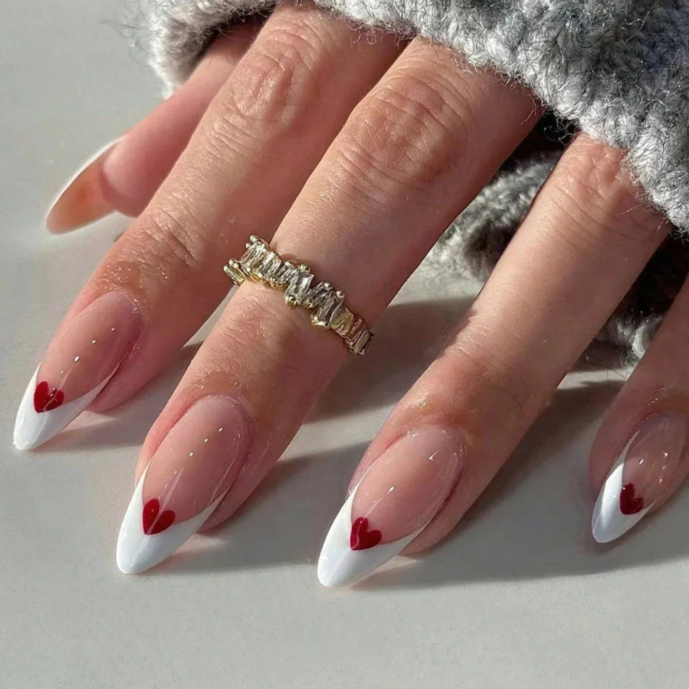 Short Square Press-On Nails – White French Tips with Cute Heart Design | Y2K Bridal Fake Nails Set for Women