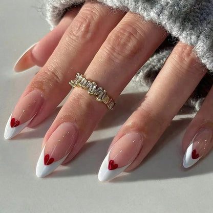 Short Square Press-On Nails – White French Tips with Cute Heart Design | Y2K Bridal Fake Nails Set for Women