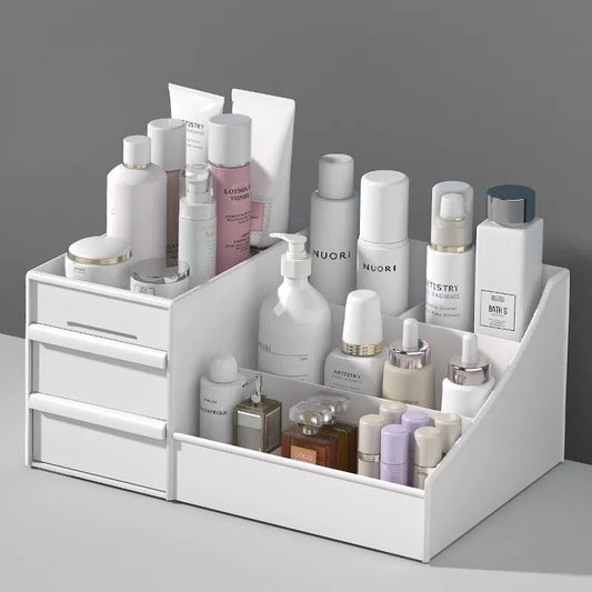White Makeup Storage Drawer Organizer – Plastic Desktop Shelf for Cosmetics & Skincare, Dormitory Dressing Table Box