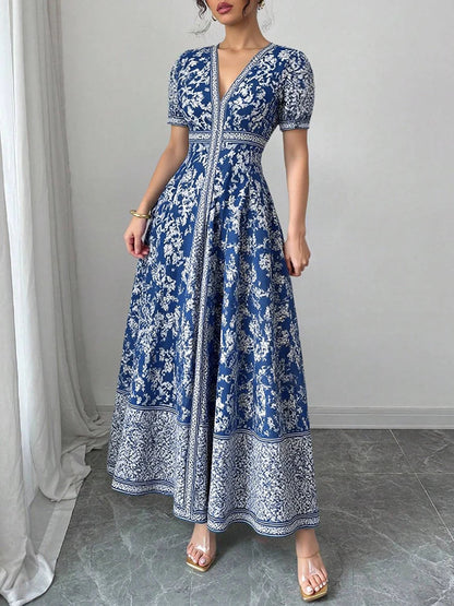 Rafiah Women’s Modest V-Neck Maxi Dress – Artistic Print, Puff Sleeves & Flowy Draped Silhouette