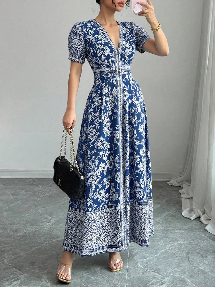 Rafiah Women’s Modest V-Neck Maxi Dress – Artistic Print, Puff Sleeves & Flowy Draped Silhouette