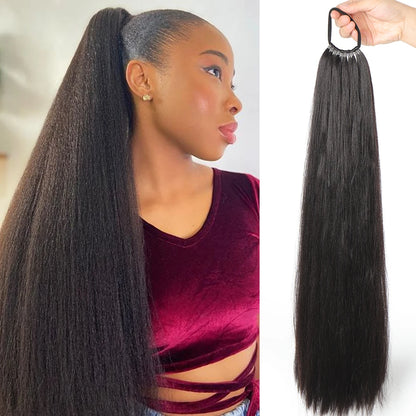 Synthetic Long Straight Ponytail Extension – Wrap Around Black Hairpiece with Elastic Band – Natural-Looking Fake Ponytail for Women