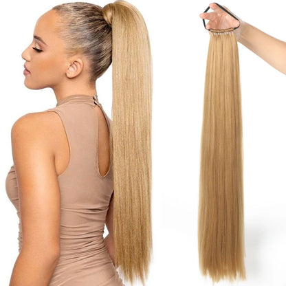 Synthetic Long Straight Ponytail Extension – Wrap Around Black Hairpiece with Elastic Band – Natural-Looking Fake Ponytail for Women
