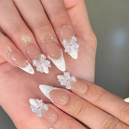 Short Square Press-On Nails – White French Tips with Cute Heart Design | Y2K Bridal Fake Nails Set for Women