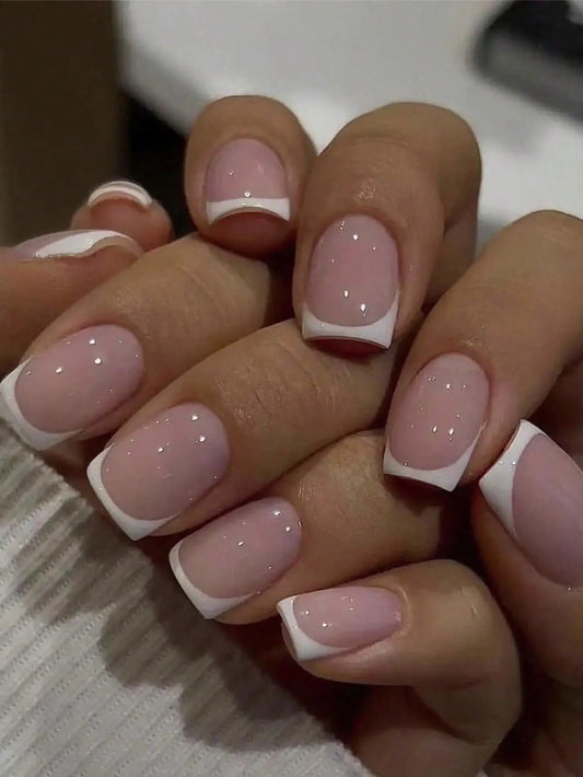 Short Square Press-On Nails – White French Tips with Cute Heart Design | Y2K Bridal Fake Nails Set for Women