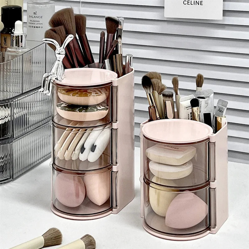 Rotating Cosmetic Organizer – Bathroom Makeup & Beauty Sponge Storage Case with Compartments