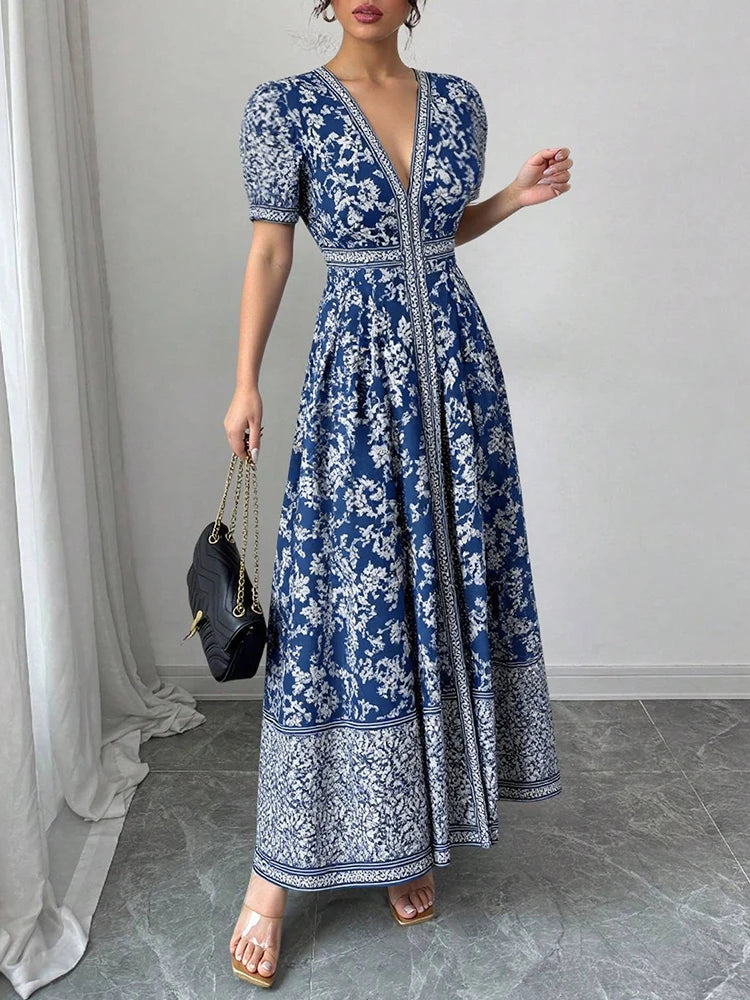 Rafiah Women’s Modest V-Neck Maxi Dress – Artistic Print, Puff Sleeves & Flowy Draped Silhouette