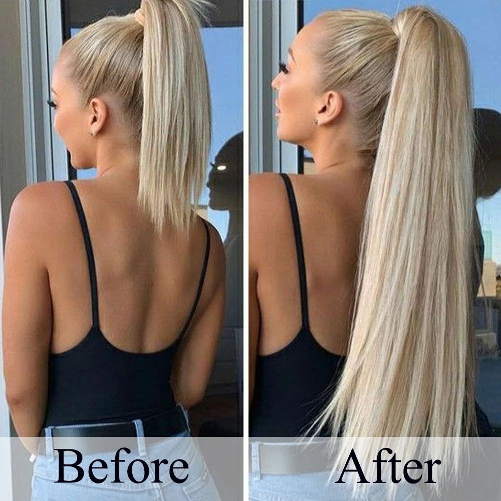Synthetic Long Straight Ponytail Extension – Wrap Around Black Hairpiece with Elastic Band – Natural-Looking Fake Ponytail for Women