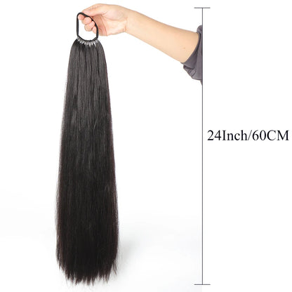 Synthetic Long Straight Ponytail Extension – Wrap Around Black Hairpiece with Elastic Band – Natural-Looking Fake Ponytail for Women
