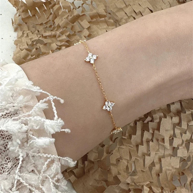 Crystal Flower Stainless Steel Bracelet for Women – Elegant Korean Fashion Jewelry, Perfect Anniversary Gift