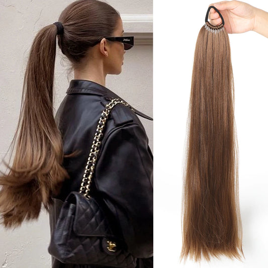 Synthetic Long Straight Ponytail Extension – Wrap Around Black Hairpiece with Elastic Band – Natural-Looking Fake Ponytail for Women