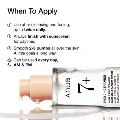 Anua 7 Rice Ceramide Hydrating Barrier Serum – Brightening & Moisturizing Face Serum with Niacinamide, Hyaluronic Acid & Rice Extract (50ml)