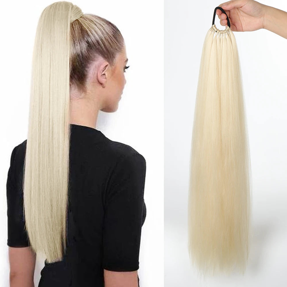 Synthetic Long Straight Ponytail Extension – Wrap Around Black Hairpiece with Elastic Band – Natural-Looking Fake Ponytail for Women