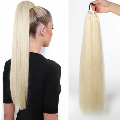 Synthetic Long Straight Ponytail Extension – Wrap Around Black Hairpiece with Elastic Band – Natural-Looking Fake Ponytail for Women
