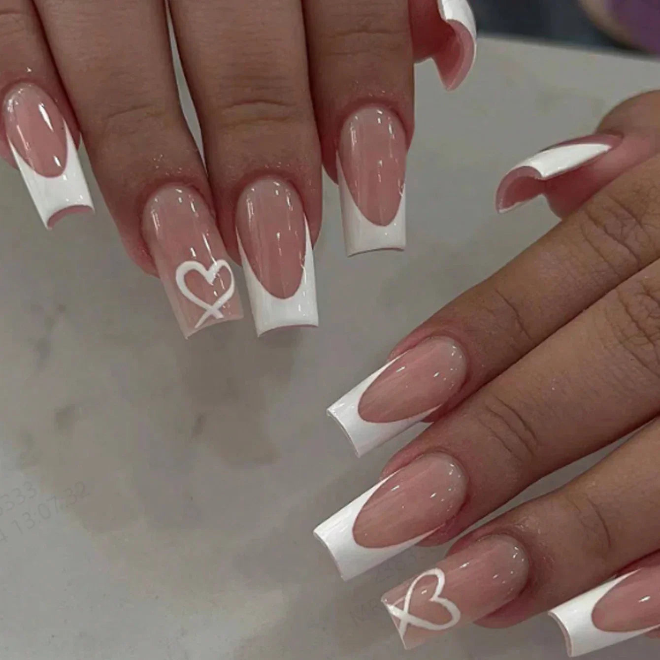 Short Square Press-On Nails – White French Tips with Cute Heart Design | Y2K Bridal Fake Nails Set for Women