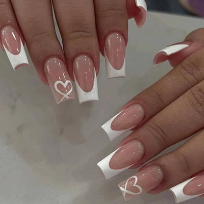 Short Square Press-On Nails – White French Tips with Cute Heart Design | Y2K Bridal Fake Nails Set for Women