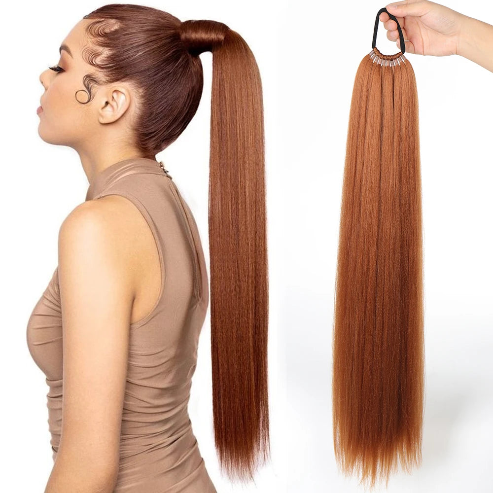 Synthetic Long Straight Ponytail Extension – Wrap Around Black Hairpiece with Elastic Band – Natural-Looking Fake Ponytail for Women