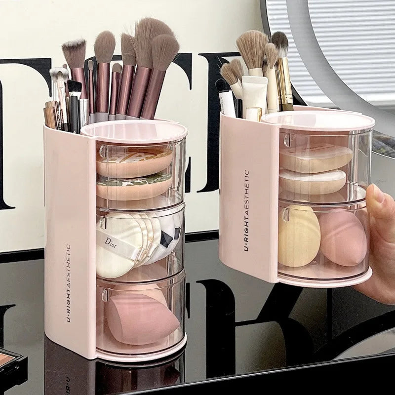 Rotating Cosmetic Organizer – Bathroom Makeup & Beauty Sponge Storage Case with Compartments