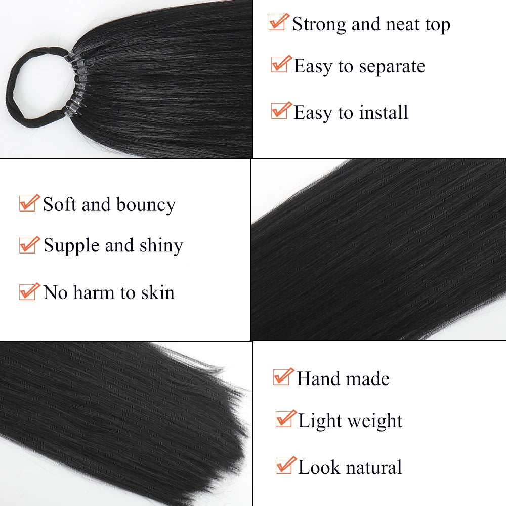 Synthetic Long Straight Ponytail Extension – Wrap Around Black Hairpiece with Elastic Band – Natural-Looking Fake Ponytail for Women
