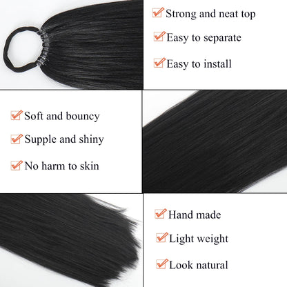 Synthetic Long Straight Ponytail Extension – Wrap Around Black Hairpiece with Elastic Band – Natural-Looking Fake Ponytail for Women