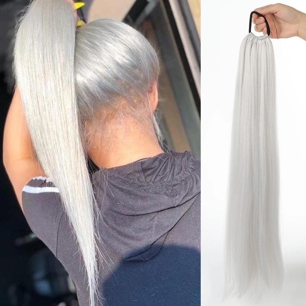 Synthetic Long Straight Ponytail Extension – Wrap Around Black Hairpiece with Elastic Band – Natural-Looking Fake Ponytail for Women