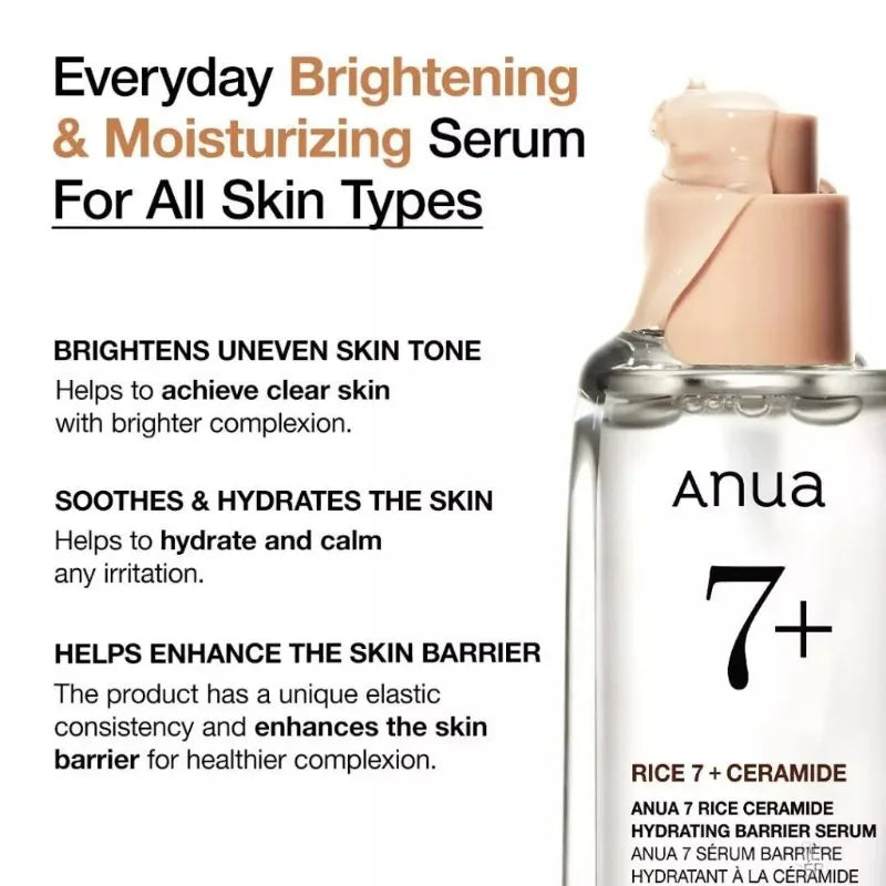 Anua 7 Rice Ceramide Hydrating Barrier Serum – Brightening & Moisturizing Face Serum with Niacinamide, Hyaluronic Acid & Rice Extract (50ml)
