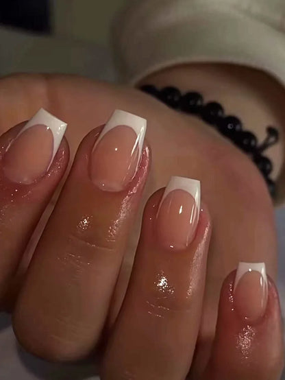 Short Square Press-On Nails – White French Tips with Cute Heart Design | Y2K Bridal Fake Nails Set for Women