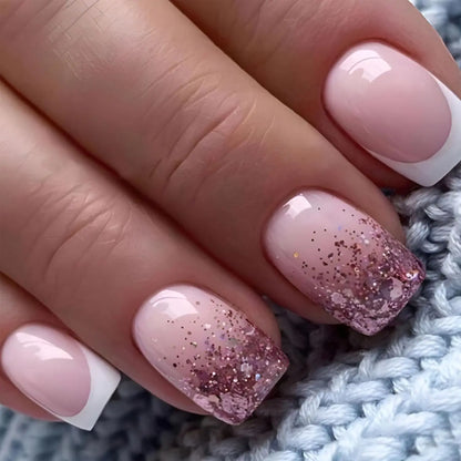 Short Square Press-On Nails – White French Tips with Cute Heart Design | Y2K Bridal Fake Nails Set for Women