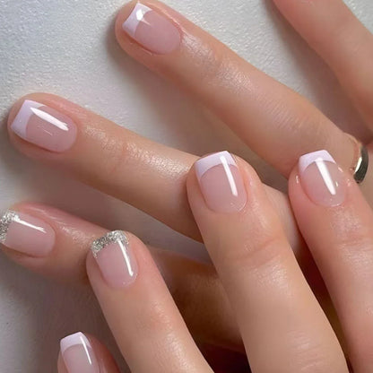 Short Square Press-On Nails – White French Tips with Cute Heart Design | Y2K Bridal Fake Nails Set for Women