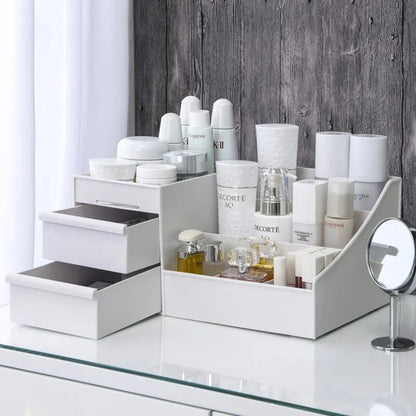 White Makeup Storage Drawer Organizer – Plastic Desktop Shelf for Cosmetics & Skincare, Dormitory Dressing Table Box