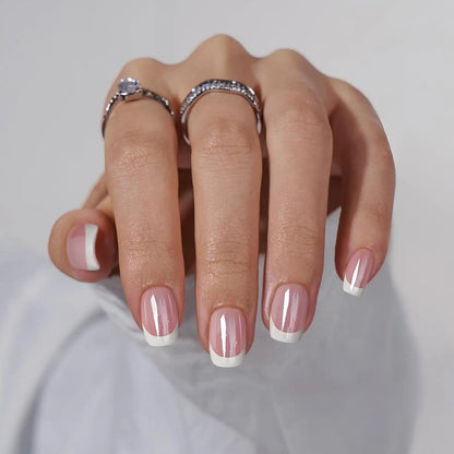 Short Square Press-On Nails – White French Tips with Cute Heart Design | Y2K Bridal Fake Nails Set for Women