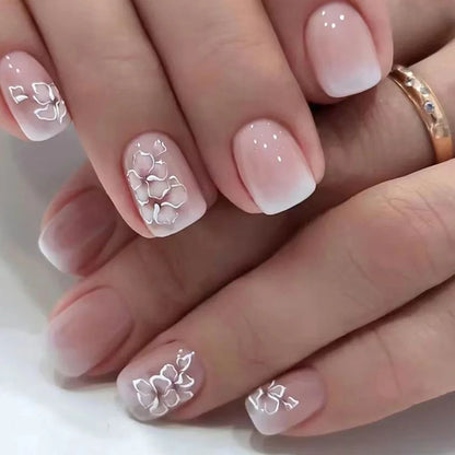 Short Square Press-On Nails – White French Tips with Cute Heart Design | Y2K Bridal Fake Nails Set for Women