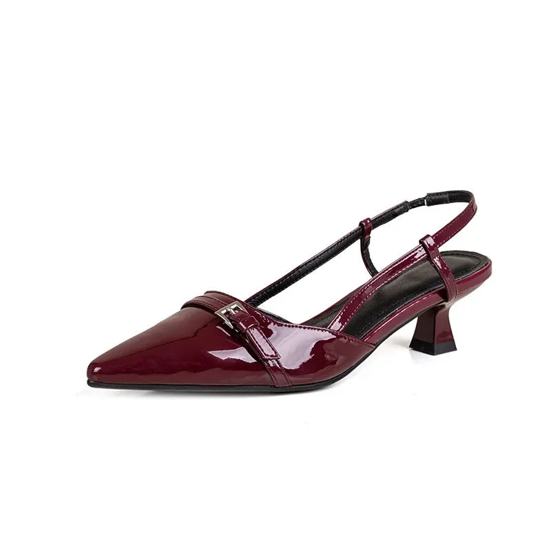 Summer Retro Women's Red Patent Leather Mid-Heel Sandals with Skinny Heels & Open Back