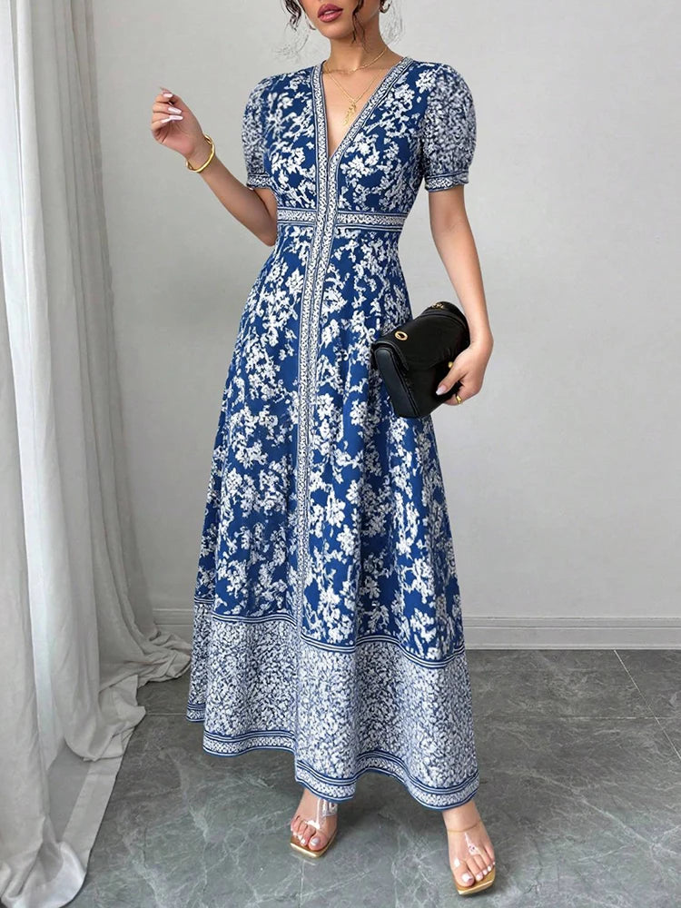 Rafiah Women’s Modest V-Neck Maxi Dress – Artistic Print, Puff Sleeves & Flowy Draped Silhouette