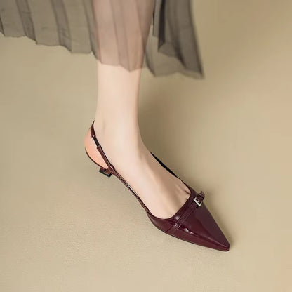 Summer Retro Women's Red Patent Leather Mid-Heel Sandals with Skinny Heels & Open Back