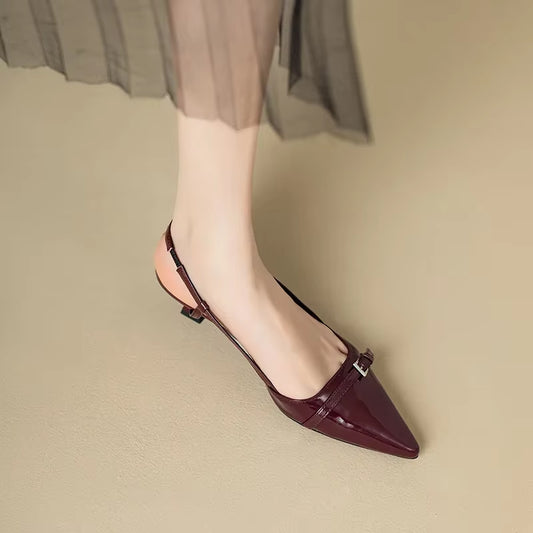 Summer Retro Women's Red Patent Leather Mid-Heel Sandals with Skinny Heels & Open Back